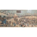 A JAPANESE WOODBLOCK TRIPTYCH depicting Samurai within a walled city, 36cm x 75cm Condition