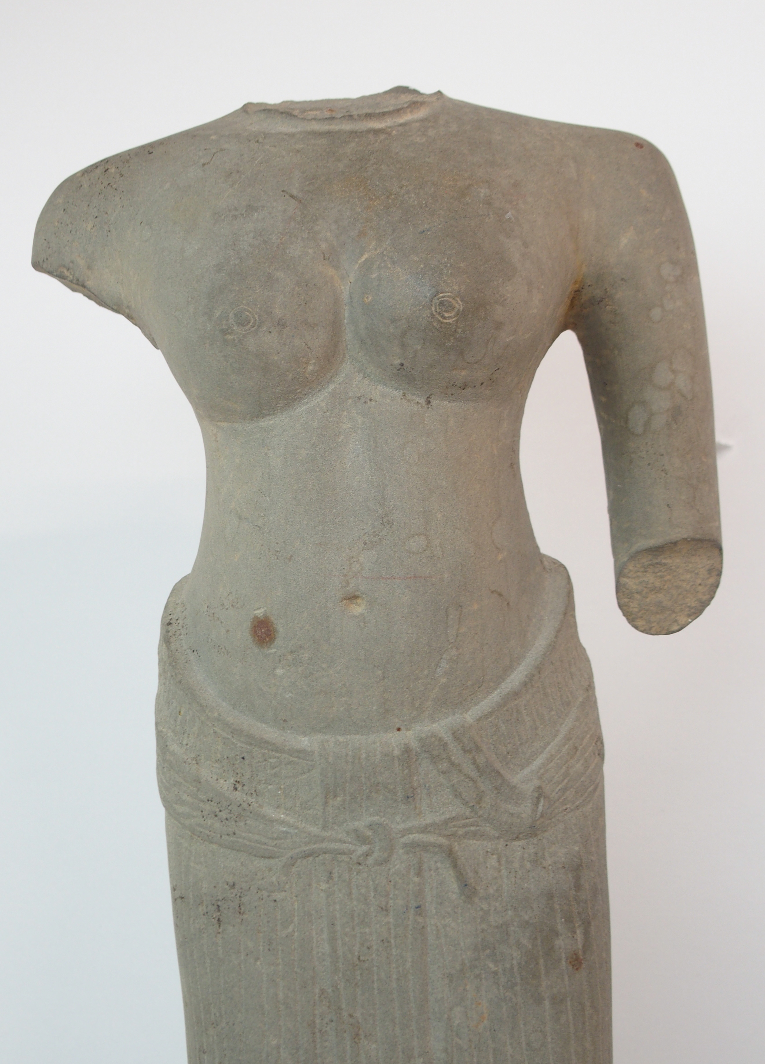 AN ASIAN STONE CARVING OF A FEMALE TORSO bare chested and wearing a ribbon tied patterned dress, ( - Image 2 of 10