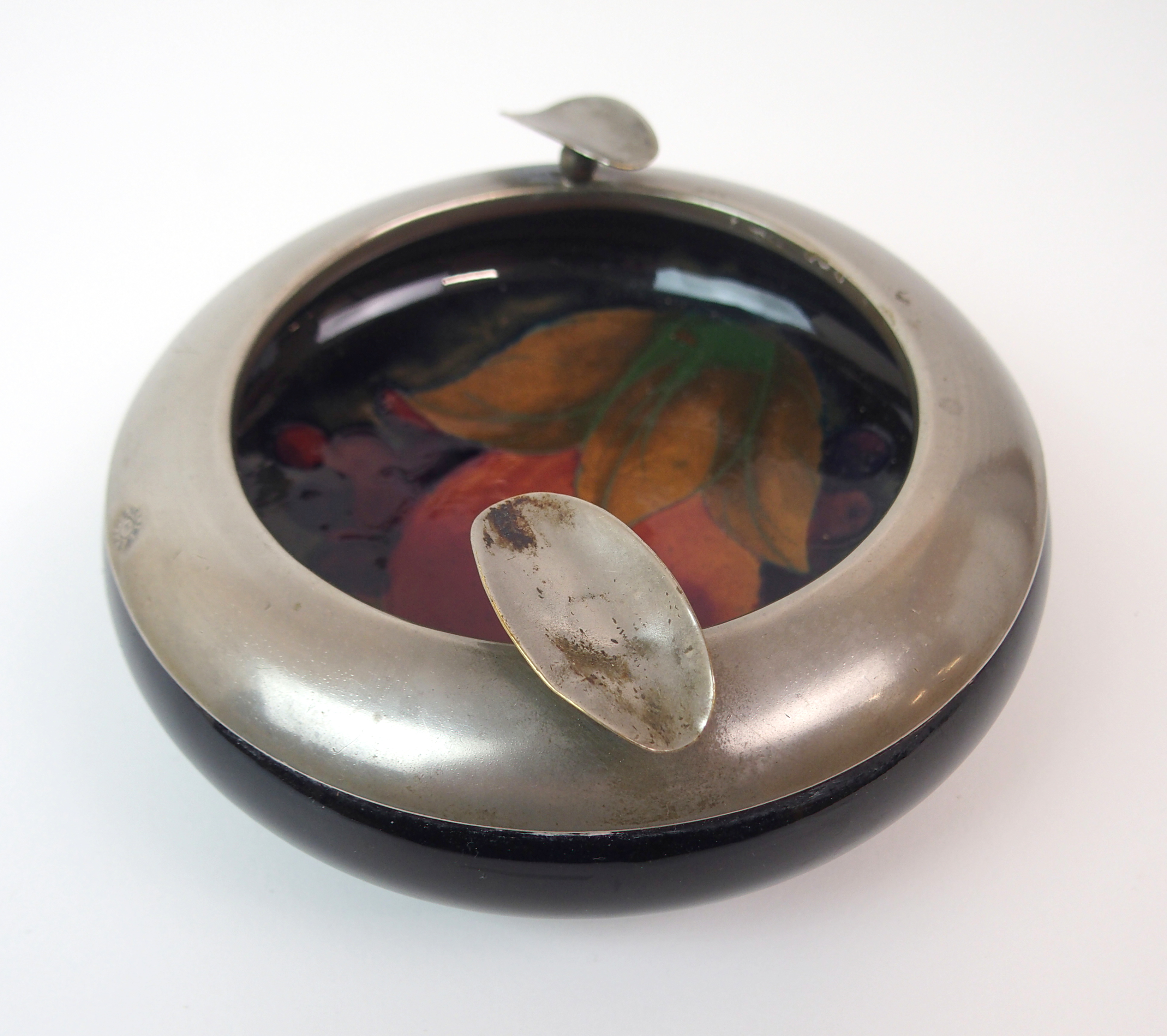 A MOORCROFT POMEGRANATE PATTERN ASHTRAY with English pewter mount, with green signature and - Image 3 of 10