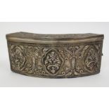 A WHITE METAL CARTRIDGE BOX probably 19th Century Indo Persian, curved to fit the body with embossed