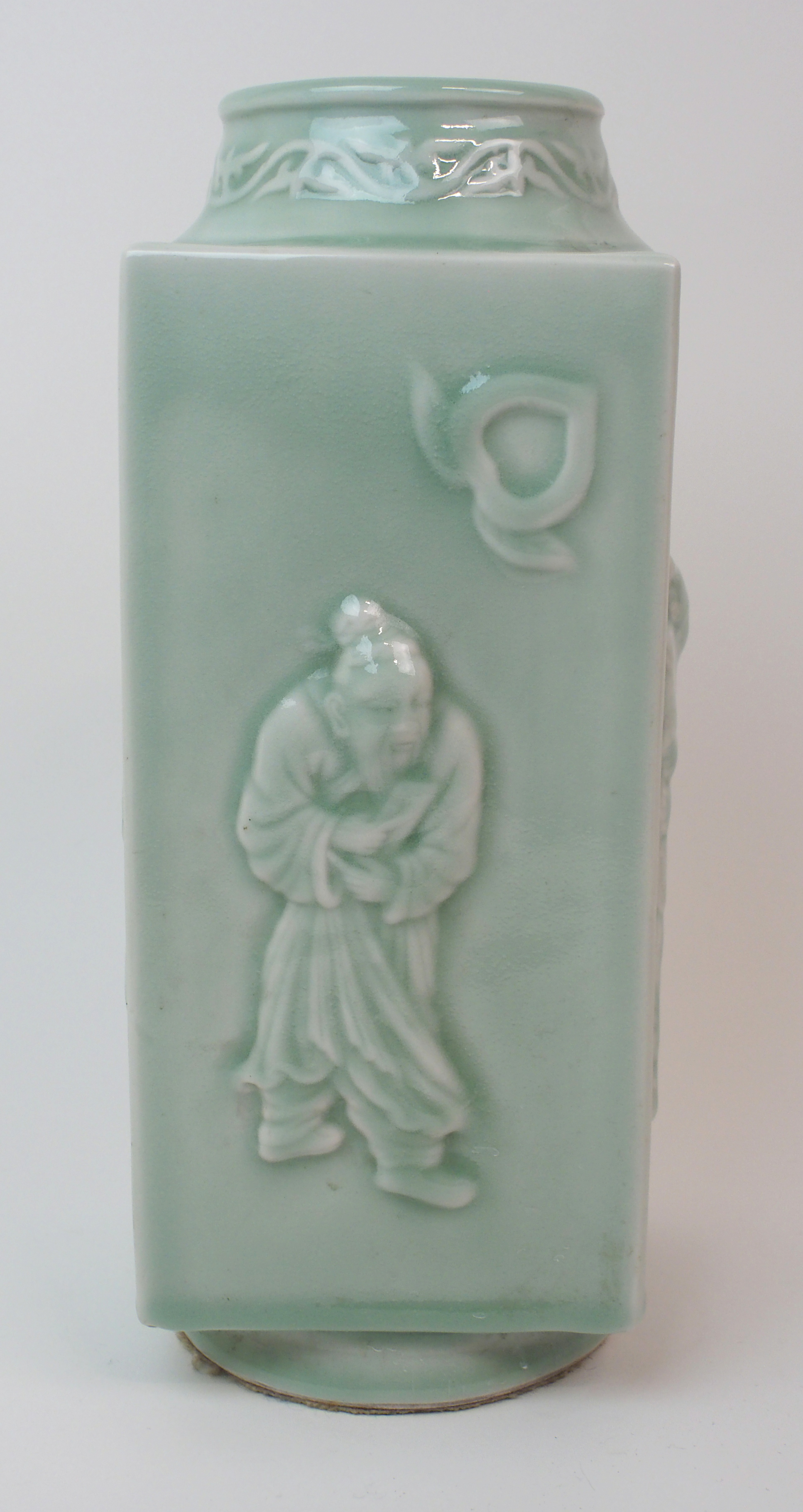 A CHINESE CELADON CONG VASE moulded with figures and symbols with foliate neck and ring foot, - Image 8 of 14