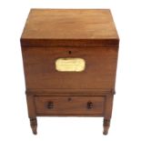AN EARLY VICTORIAN MAHOGANY CLUB CELLARETTE the hinged top above brass name plate inscribed 'Crack