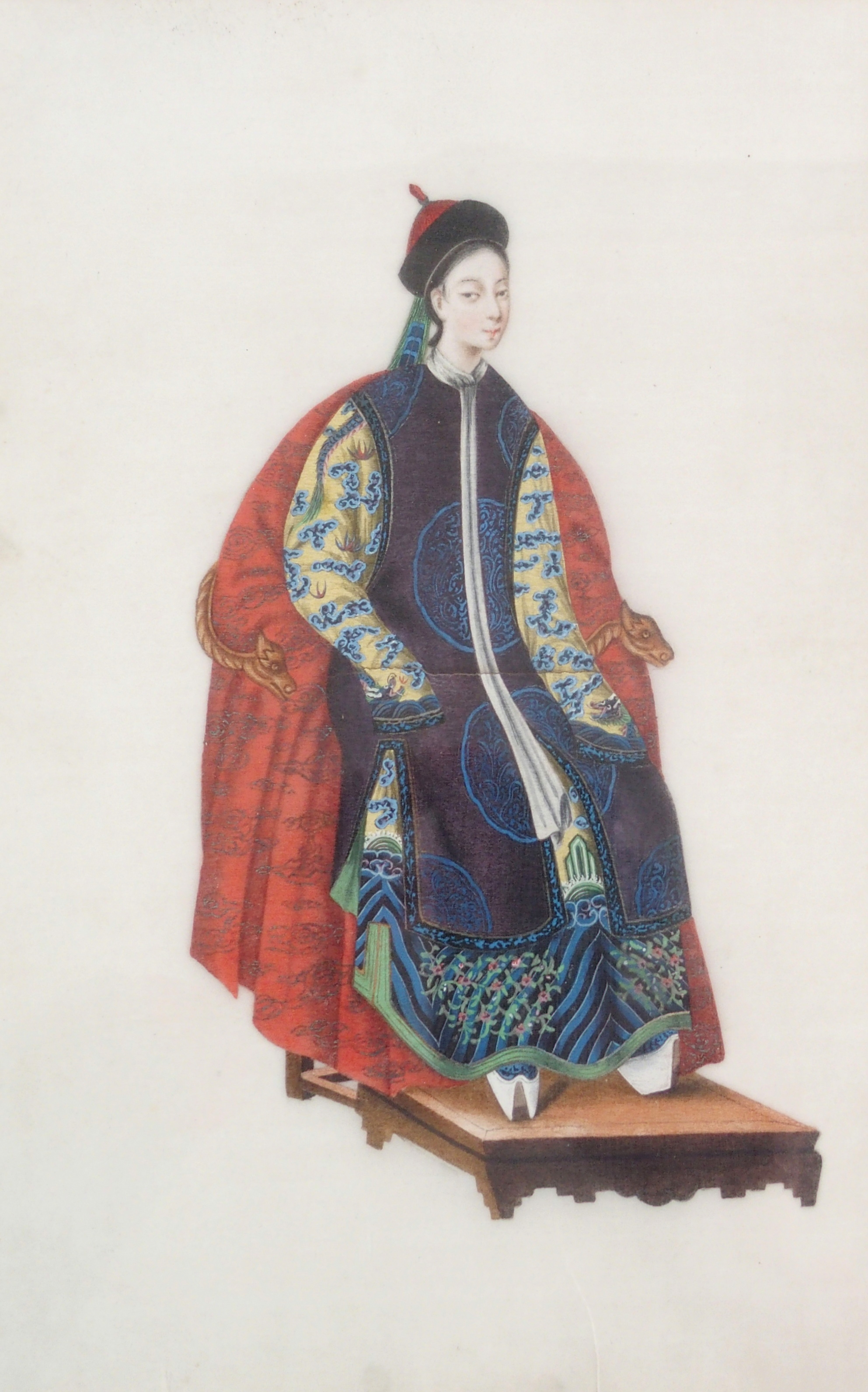 A PAIR OF CHINESE ANCESTOR PORTRAITS OF A MANDARIN AND CONSORT each seated on a throne and wearing - Image 3 of 8