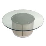 A MICHAEL BOYER FRENCH CIRCULAR GLASS COFFEE TABLE with polished steel and chrome base, circa