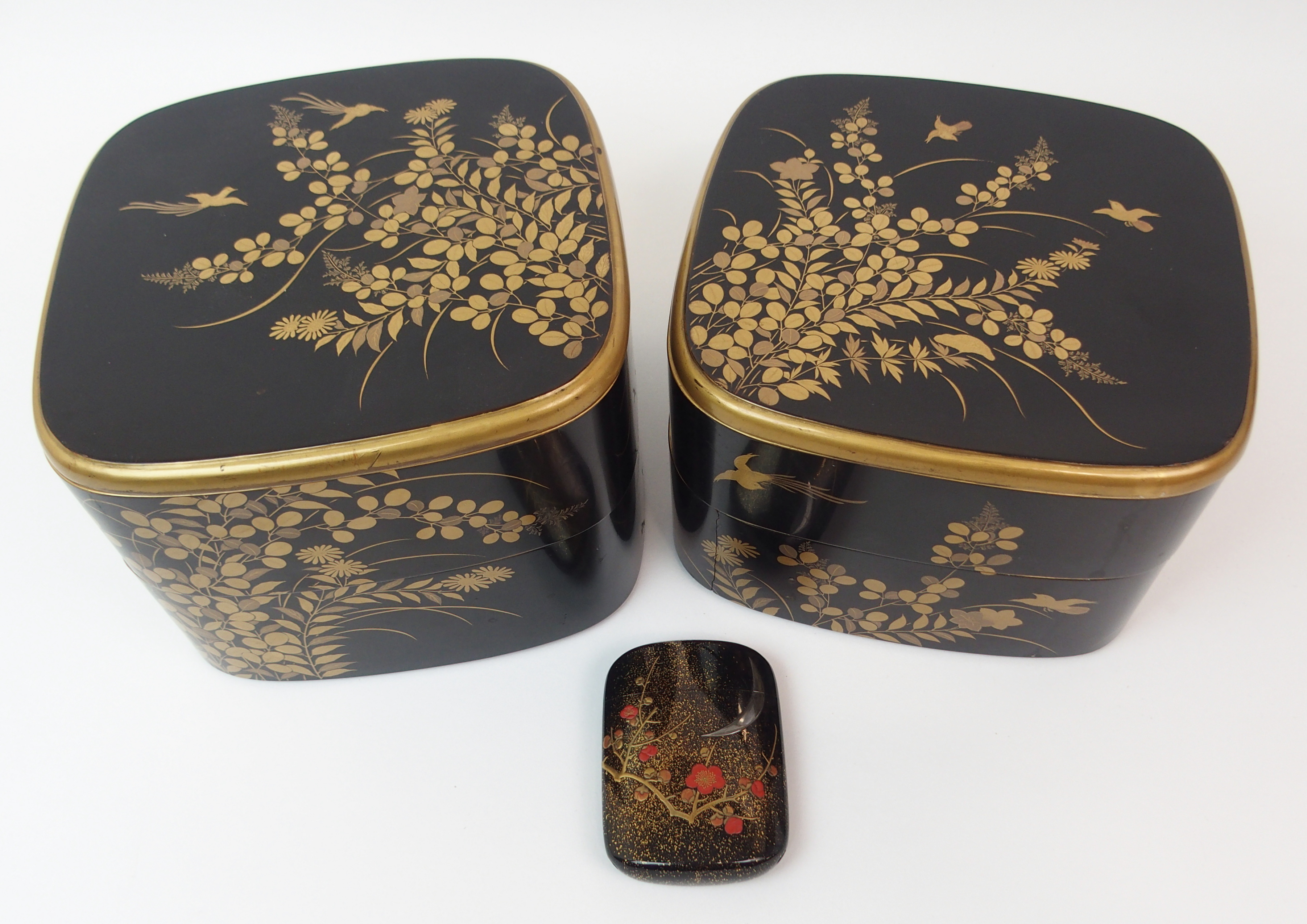 TWO BLACK AND GOLD LACQUERED TWO-SECTION BOXES decorated with birds amongst foliage (cracks and