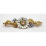 A BRIGHT YELLOW METAL ENAMEL AND DIAMOND FLOWER BROOCH depicting forget me nots and a daisy set with