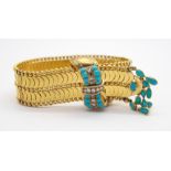 A VICTORIAN TURQUOISE AND ROSE CUT DIAMOND BRACELET made in bright yellow metal, with engraved bow