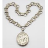 A VICTORIAN SILVER LOCKET AND PRETTY FILIGREE CHAIN the locket engraved on one side with a bird