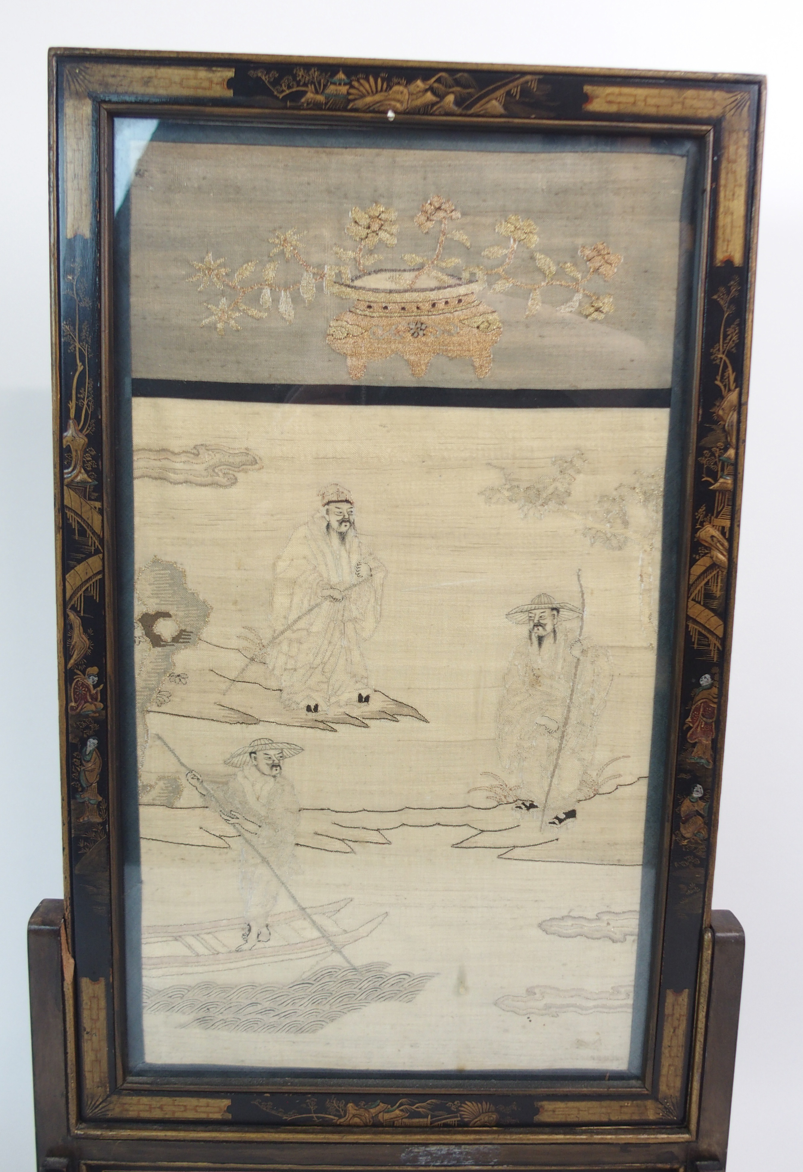 A CHINESE SILK TABLE SCREEN woven with figures on islands and a sampan beneath a jardiniere of - Image 6 of 14