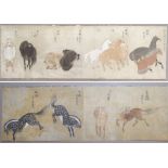 TWO CHINESE WATERCOLOUR PAINTINGS OF HORSES one with four horses in two sections, 26cm x 78cm and