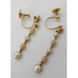 A pair of pearl and coral drop earrings with screw fitting, length 3.2cm, weight approx 3gms