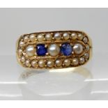 A 15ct gold blue gem and pearl ring, hallmarked Chester 1882, finger size K1/2, weight 2.7gms