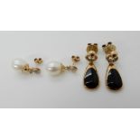 A pair of 9ct gold onyx set earrings together with a pair of pearl and diamond drop earrings, weight