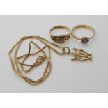 A 9ct gold luckenbooth and herringbone chain and two 9ct gold turquoise glass and gem set rings,