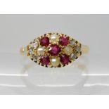 An 18ct gold rose cut diamond, red gem and pearl cluster ring, hallmarked Birmingham 1889, finger