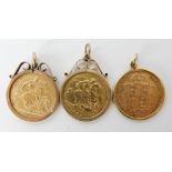 Three gold half sovereigns in 9ct gold pendant mounts, dated 1892, 1898 and 1912, weight for all