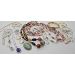 A collection of cultured pearls and silver gem set jewellery and other items Condition Report: