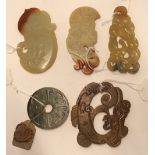 Five Chinese hardstone carvings, one with paper tag and wax seal, largest 10cm long (5) Condition