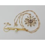 A 9ct gold Edwardian pink tourmaline and pearl set flower pendant, diameter 2.8cm, with a 9ct figaro