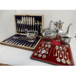 A tray lot of EP - four piece tea service, fish cutlery sets and a cased set of twelve teaspoons and