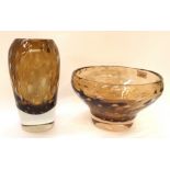 A brown bubble art glass vase, 23cm high and a similar bowl, 24cm diameter Condition Report: Both