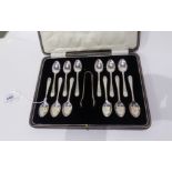 A cased set of twelve silver sugar spoons and sugar tongs, Birmingham 1906, maker's mark Coopers