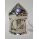 A white metal tea caddy with Niello Arabic sailing vessel and sea fortifications, 183gms Condition