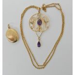 A 9ct gold Edwardian pendant, 4.6cm, set with amethyst and pearls, with a 9ct chain length 43cm