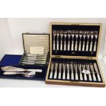 A lot comprising a cased twenty four piece EP and mother of pearl fish cutlery set, a cased set of