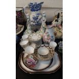 A pair of Meissen candelabra bases, a Sevres style two handled cup and saucer, Glasgow jug and