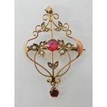 A 9ct gold faux ruby and pearl Edwardian pendant brooch, length 5cm, weight 2.9gms Condition Report: