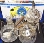 A tray lot of EP and glass - kettle on stand, teapot, glass bowls etc Condition Report: Available