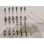 Twelve silver teaspoons and a sugar tong by Robert Gray & Son, Edinburgh 1813 and 1812, 199gms