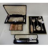 A lot comprising a cased set of six EP and mother of pearl fruit knives, a cased set of twelve EP