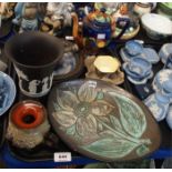 Three Icelandic Lava pottery items, a Wedgwood black basalt vase, Tunstall coffee pot etc