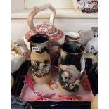 An oversized Spode Tower pattern pink and white transfer printed teapot, a pair of sumida gawa jugs,