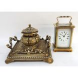 A cast brass desk inkwell and a four glass carriage clock Condition Report: nice condition .