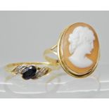 An 18ct gold cameo ring size P1/2 and an 18ct gold sapphire and diamond ring size Q, combined weight