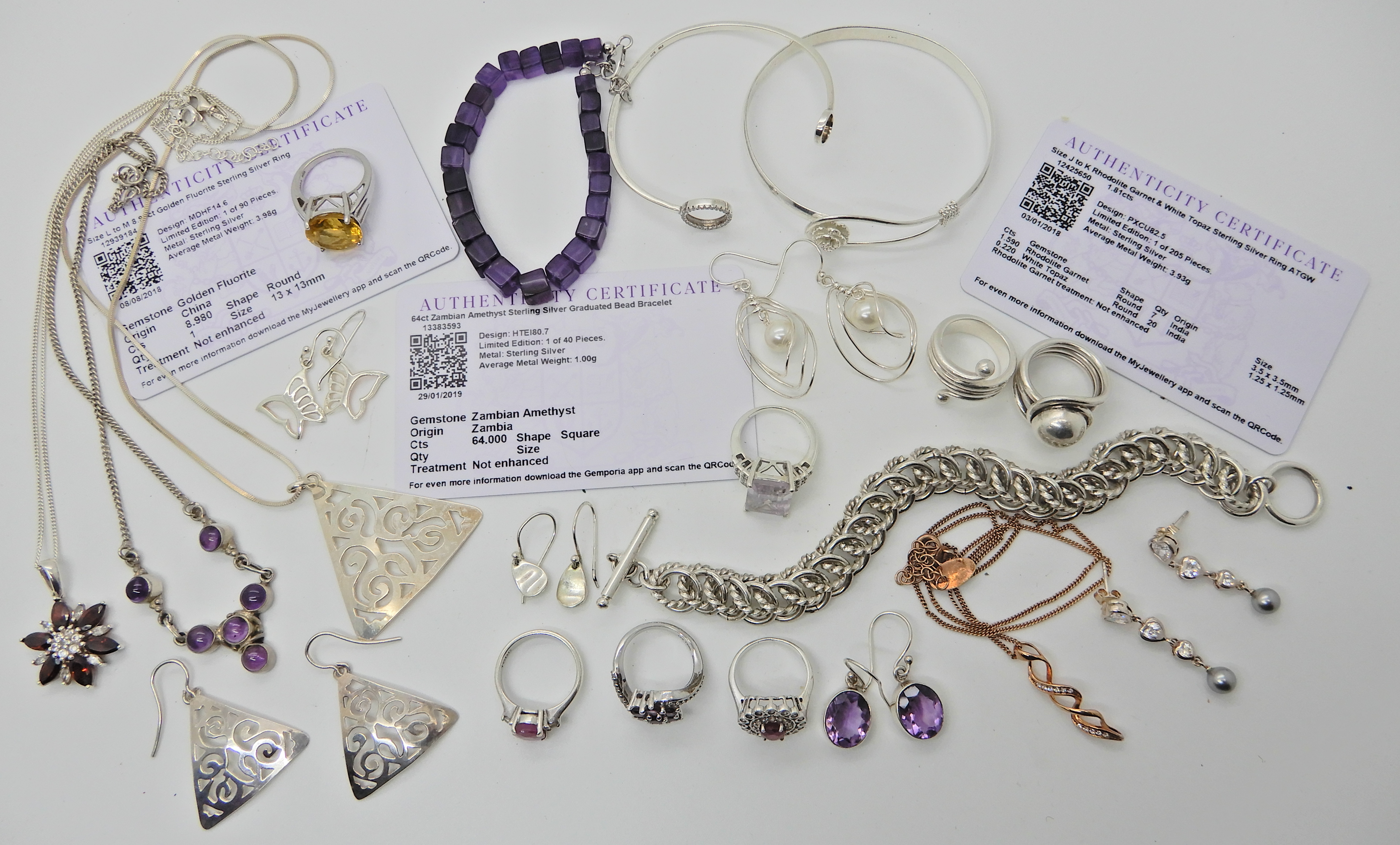 A collection of silver gem set jewellery to include amethyst items, with three Gemporia certificates - Image 2 of 6