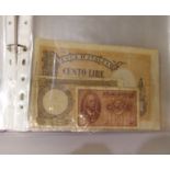 A part album of mainly foreign bank notes, Italian lire, Algerian francs, French francs, German