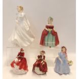 Five Royal Doulton figures including Megan, Emma, Top o the HIll, Dainty May and Wendy (latter two