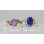 A 14ct gold blue and white gem set QVC ring size U1/2, weight 3.1gms and a 9ct gold amethyst and