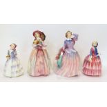 Four Royal Doulton figures including Biddy, Ruby, June (cracked) and Blithe Morning Condition