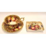 An Aynsley fruit decorated cup and saucer, together with a rectangular dish Condition Report: dish