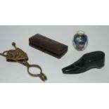 A papier mache snuff box modelled as a ladies shoe, small crystal ornament etc Condition Report: