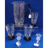 A pair of crystal thistle shaped and etched liqueur glasses, 9.2cm high and a vintage part