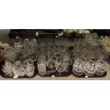 A collection of cut glass, crystal and other glassware including drinking glasses, vases etc