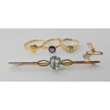 A 9ct gold blue glass set brooch, length 6.5cm, a 9ct gold diamond set ring size Q, an 18ct gold