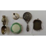 A lot comprising a miniature hand mirror embossed with a village scene and figures, 12cm long, a