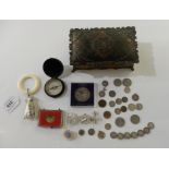 A lot comprising a bi-metal jewellery box and contents - Rabbit baby rattle, pocket compass and